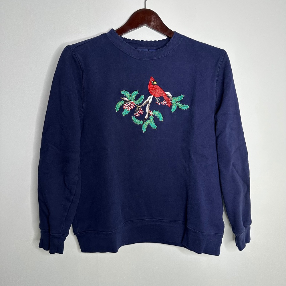 Basic Editions Cardinal Embroidered Sweatshirt‎ Womens Medium Navy EUC Cozy